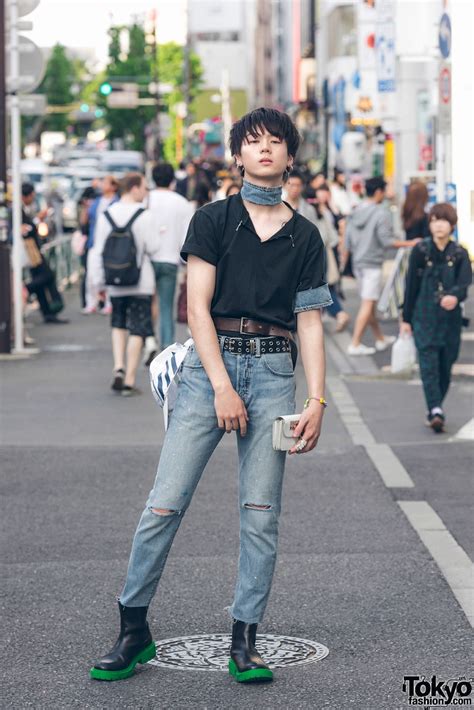 harajuku male model in denim street style w levi s kenzo x handm comme des garcons and off white