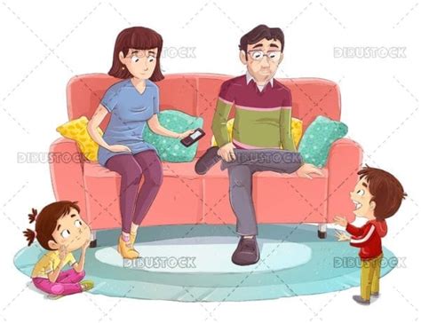 Padres E Hijos Hablando En El Sofá Dibustock Dibujos E Ilustraciones