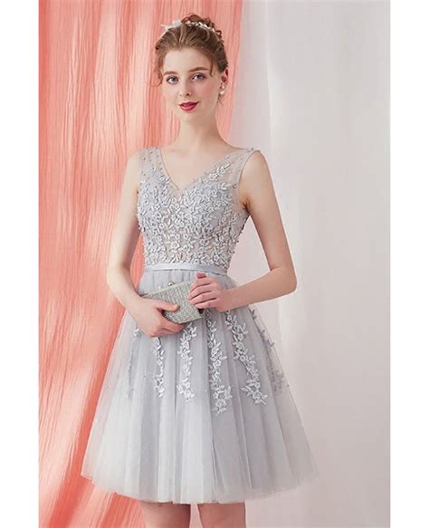Grey Lace Short Tulle Homecoming Party Dress Bridesmaid Dress