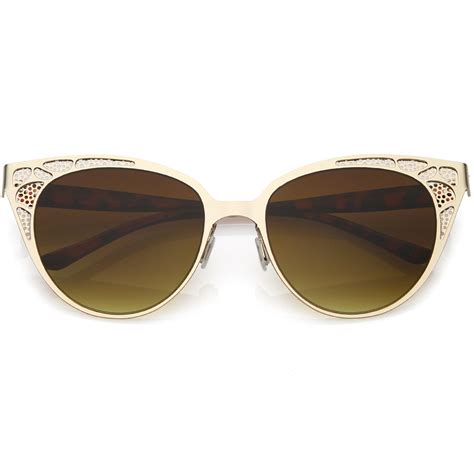 Retro Cat Eye Sunglasses Perforated Metal Oval Neutral Color Flat Lens 54mm Gold Amber
