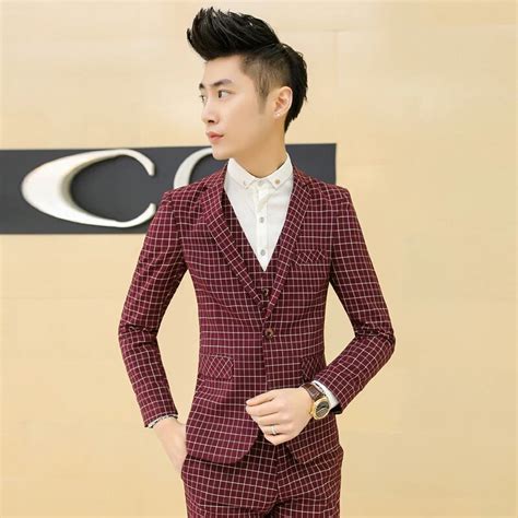 Free Shipping Fashion Korean Mens Suits Large Size Plaid 3 Piece Set