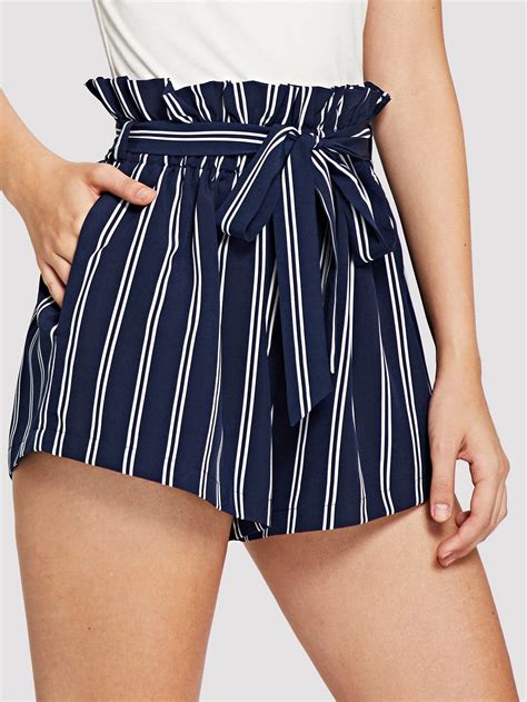 Casual Striped Loose Elastic Waist High Waist Navy Belted Ruffle Waist