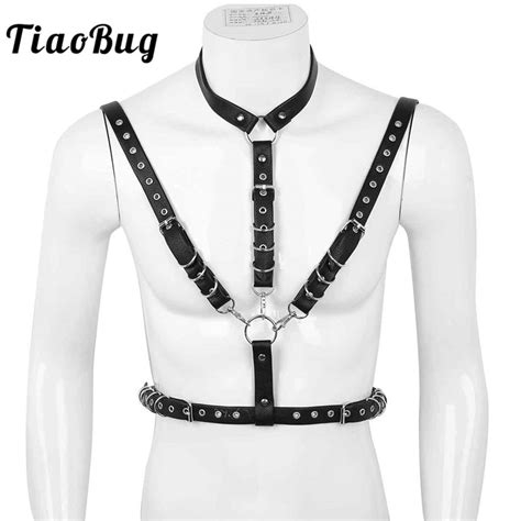 TiaoBug Black Faux Leather Halter Sexy Men Harness Shoulder Chest