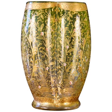 Koloman Moser Vase Moser Hand Painted Gilded Small Flowers On Green Czech Glass Small Pink