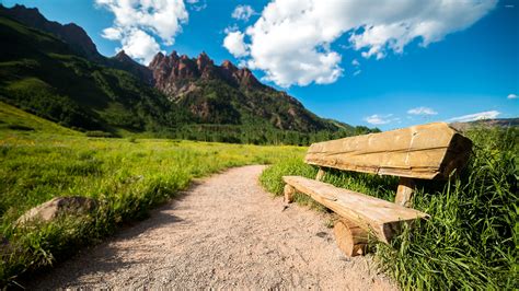 Log Bench On The Path To The Mountains Wallpaper Nature Wallpapers