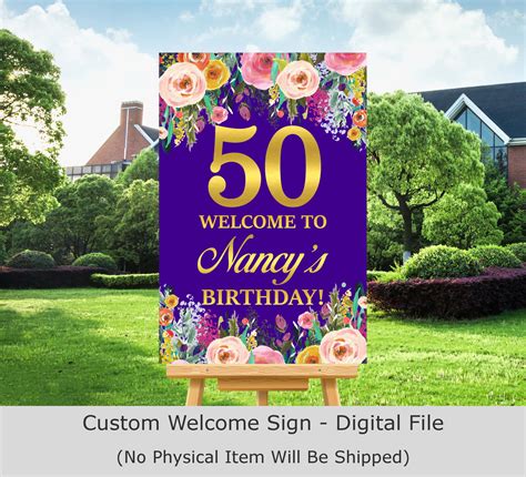 50th Birthday Welcome Sign Printable Welcome Poster Floral Women Birthday Decorations Gold