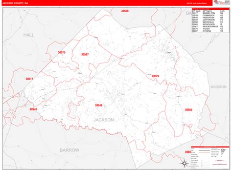 Jackson County Ga Zip Code Wall Map Red Line Style By Marketmaps