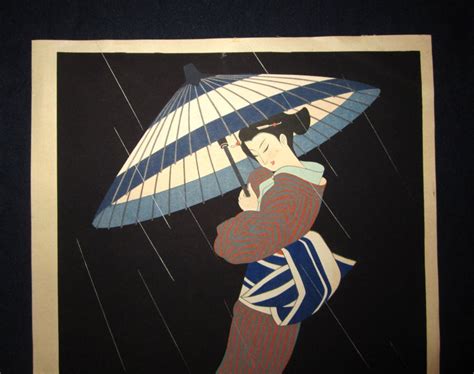 A Huge Original Japanese Woodblock Print Iku Nagai Geisha In Rain 1956