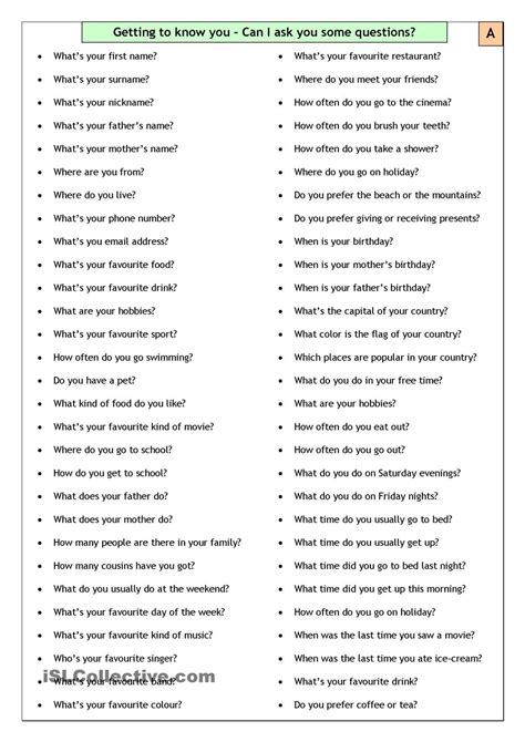 Conversation Questions Getting To Know You Elementary