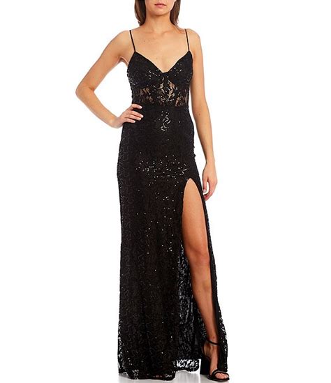 B Darlin Sleeveless Sequin Embellished Illusion Lace High Slit Long