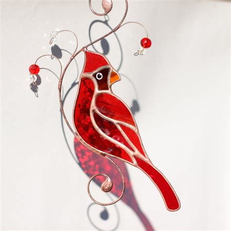 Red Cardinal Stained Glass Bird Christmas T Suncatcher Bird Etsy