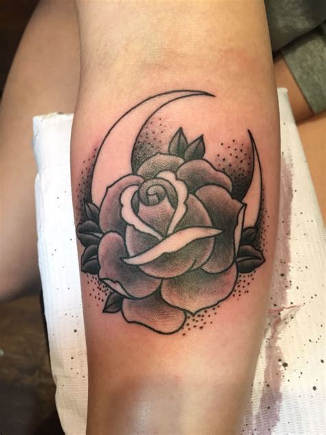 The rose tattoo is neither masculine or feminine as both men and women have the rose tattoos inked on their bodies. Moon and rose traditional tattoo. Black and grey ...