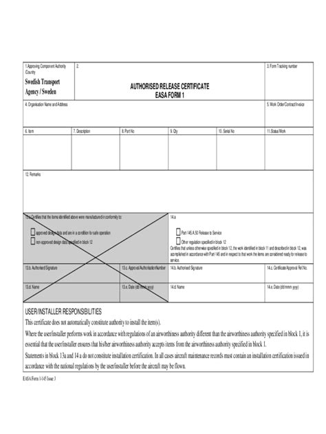 Fillable Online Easa Form 1 Issue 3 Authorised Release Certificate Fax