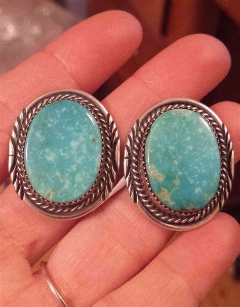 Large Vintage Navajo Turquoise Earrings Sterling Silver Post Signed M