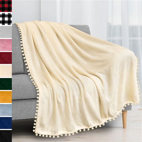 Pavilia Fleece Throw Blanket With Pom Pom Fringe Ivory Cream Flannel