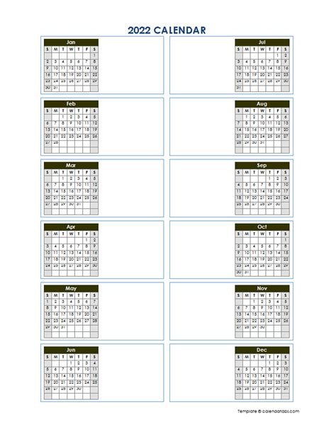 2022 Blank Yearly Calendar Template Vertical Design Free Printable