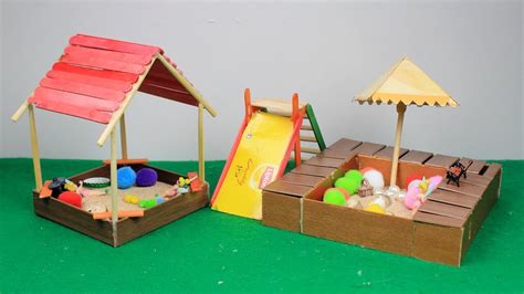 3 Easy Miniature Playground Sandpit And Playhouse Popsicle Stick Crafts