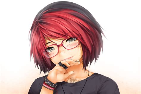 Anime Girls Black Hair Wristband Short Hair Rings Redhead Glasses