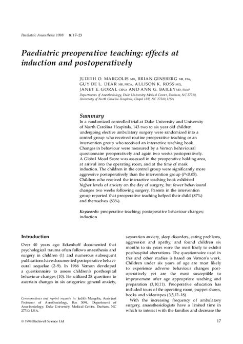 Pdf Paediatric Preoperative Teaching Effects At Induction And