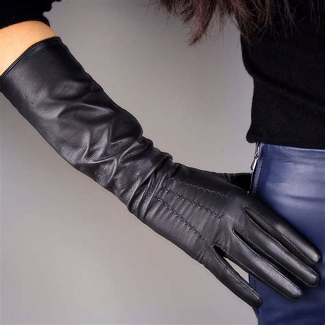 Real Leather Gloves 16 40Cm Long Black Genuine Sheepskin Lambskin