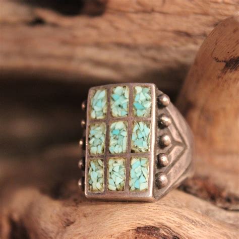 Large Mens Ring Navajo Sterling Silver Turquoise Chip Inlay Ring Heavy