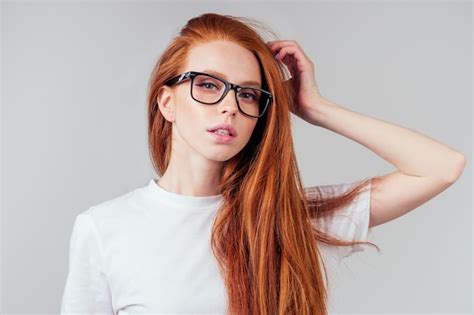 Premium Photo Redhaired Ginger Woman Wear Glasses In White Studio
