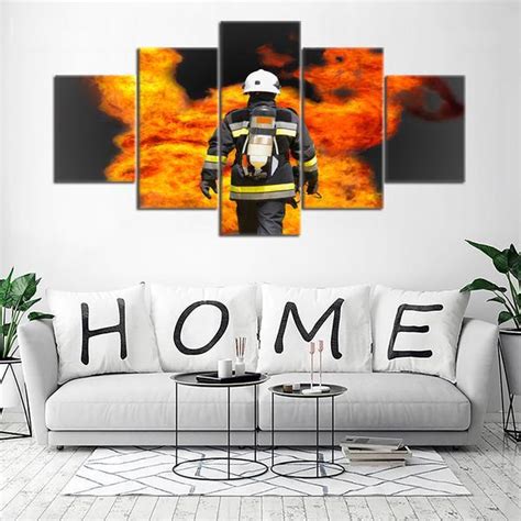 Fire Rescue Wall Art Firefighter Fireman Flames Career 5 Panel Canvas