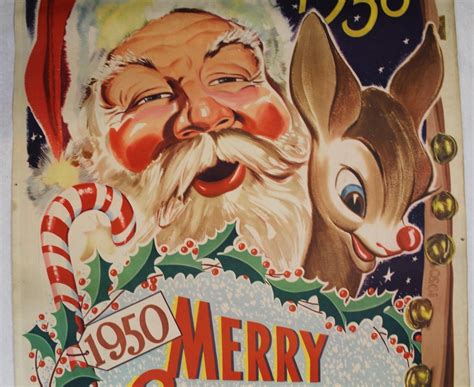 vintage 1950 merry christmas santa claus rudolf reindeer lithograph poster print collectors weekly