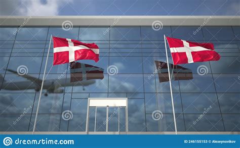 Waving Flags Of Denmark In The Airport And Landing Airplane 3d