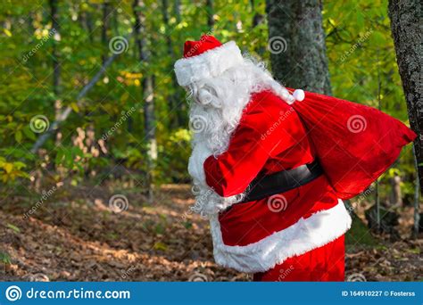 Santa Claus In The Forest With Red Sack Stock Image Image Of