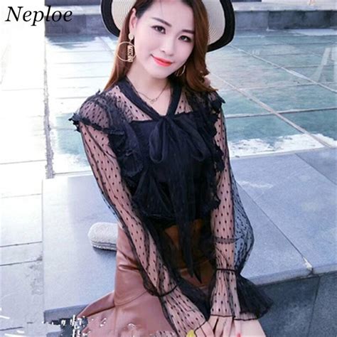 neploe ruffles patchwork lace blouse korean fashion o neck polka dot women blusas long sleeve