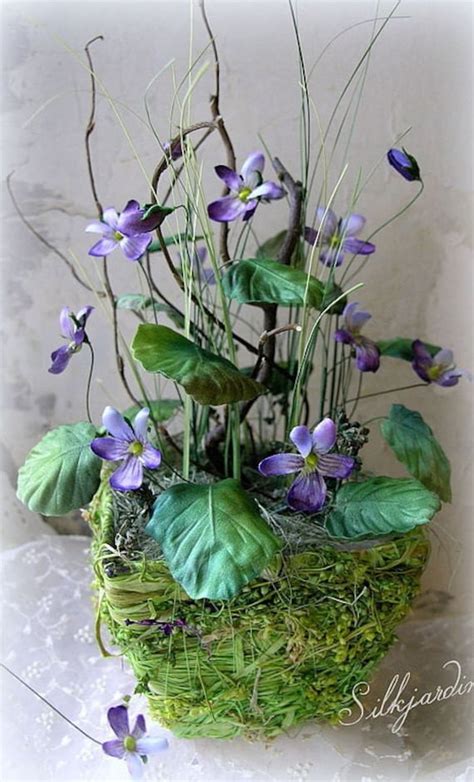 Silk Flowers Violets Arrangement Woodland Home By Feltsilkartt