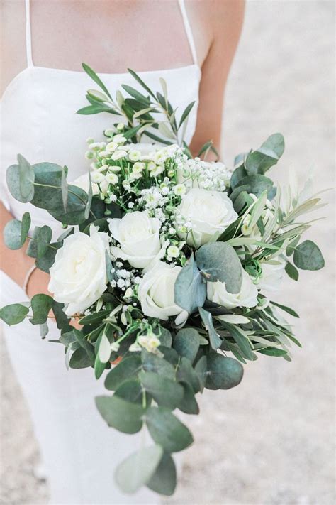 Olive Eucalyptus White Roses And Gypsophila Bride Bouquet White