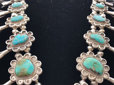 Stunning Sterling Silver Turquoise Native American Squash Blossom Necklace 260g