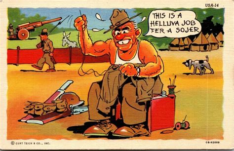 Linen Comic Postcard Solider Humor Military Posted Ww Curteich Postcard Topics Cartoons