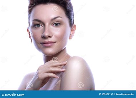 cute brunette woman with nude make up clean flawless fresh skin stock image image of smile