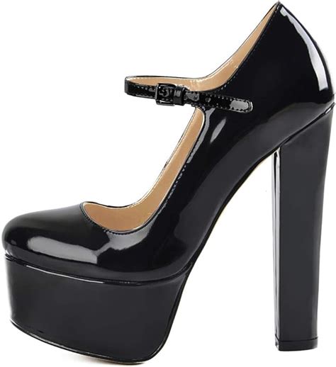 Only Maker Womens Mary Jane High Heels Strappy Pumps Block Heel Patent Black Size 10 Uk