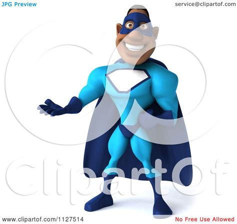 Clipart Of A 3d Presenting Black Super Hero Man In A Blue Costume