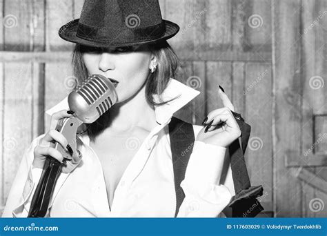Sensual Love Game Couple In Love Retro Woman Singing Into Microphone Stock Image Image Of