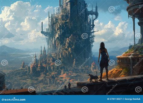 Epic Cityscape: a Woman S Gaze into a Towering Fortress Stock