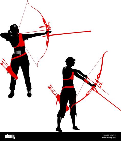 Set Silhouette Attractive Female Archer Bending A Bow And Aiming In The