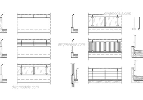 Drawing has been detailed out with glass railing elevation, steel rail and post fixing detail with complete material specifications. Railing CAD drawings, AutoCAD blocks download free