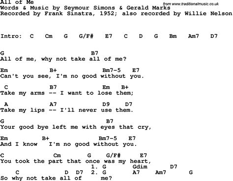 Song Lyrics With Guitar Chords For All Of Me Frank Sinatra 1952
