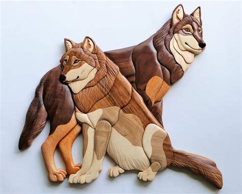Wolves Intarsia Wall Hanging Wooden Wolf Carving Wood Wildlife Etsy