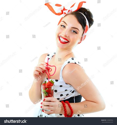 Beautiful Pinup With Strawberries Portrait Of Young Happy Smiling Sexy