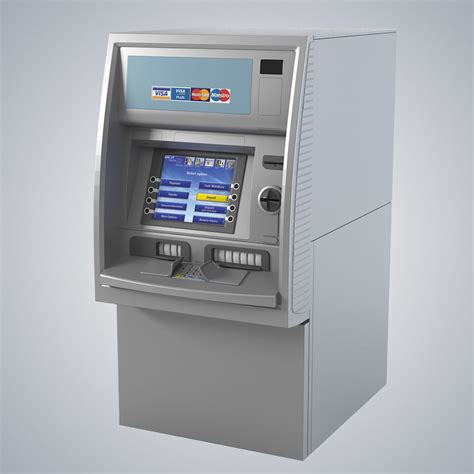 Our atms have touchscreen technology and braille next to the audio jack, card insert slot and dispensary to help you complete your transaction. 3d model atm cash machine