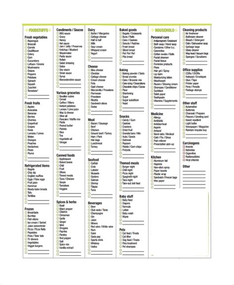 Printable Grocery Lists Check Sheet