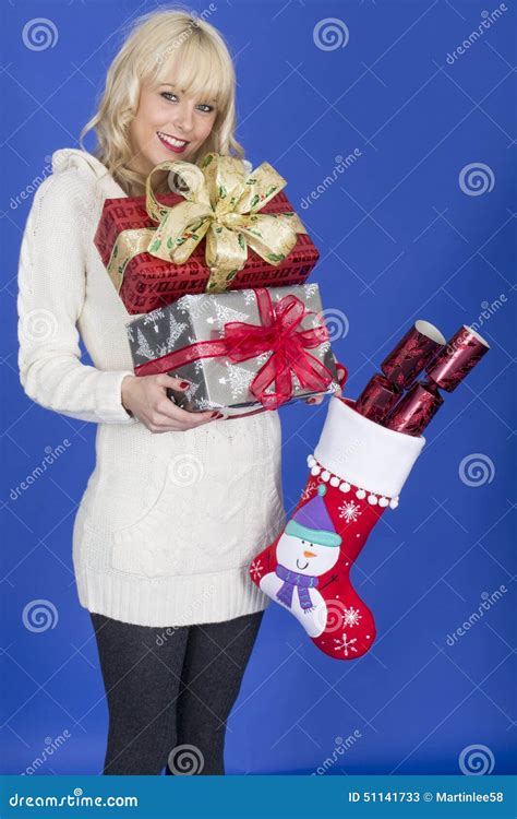 Young Woman Carrying Christmas Presents Stock Image Image Of Boxes