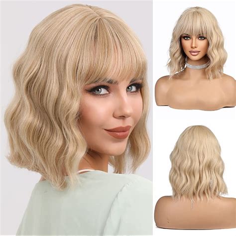 Oufei Short Wave Blonde Bob Wigs With Bangs Shoulder Length Wig Curly Wavy