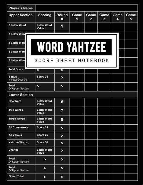 Word Yahtzee Score Sheet Word Yahtzee Game Record Keeper Book Word Yahtzee Scoresheet Word
